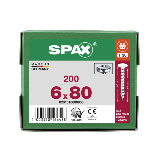  SPAX - Halbrundkopf (Pan Head St) mit I-Stern WIROX® Torx 30; 6,0x80,0 mm Vollgewinde (Abweichende Ausführung. Gewinde geht nicht bis zum Kopf) - 1.000 Stück