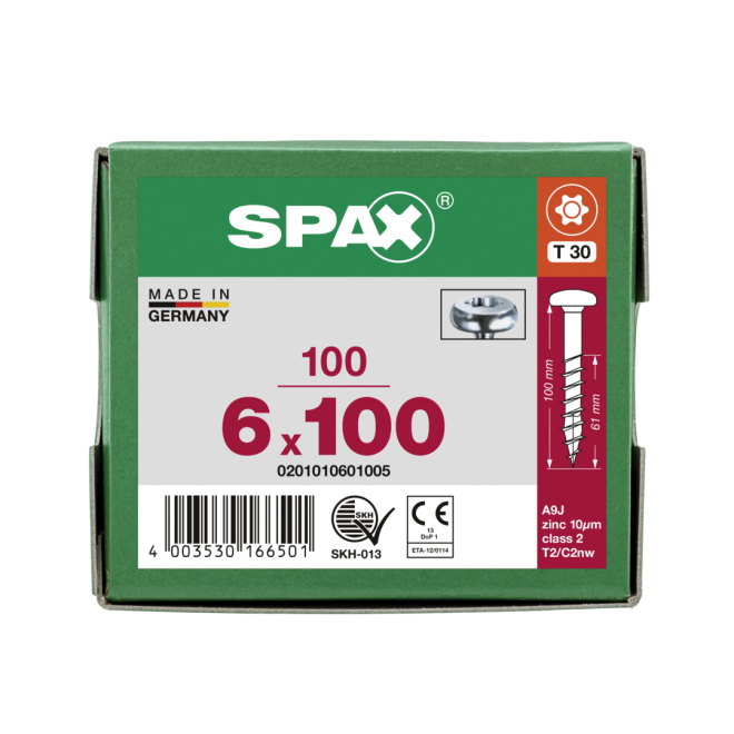 SPAX - Halbrundkopf (Pan Head St) mit I-Stern WIROX® Torx 30; 6,0x100,0 mm Vollgewinde (Abweichende Ausführung. Gewinde geht nicht bis zum Kopf) - 500 Stück