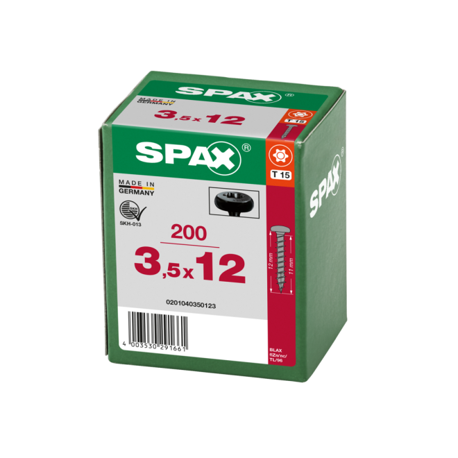 SPAX - Halbrundkopf BLAX (Pan Head St) mit I-Stern schwarz verzinkt Torx 15; 3,5x12,0 mm Vollgewinde- 200 Stück 