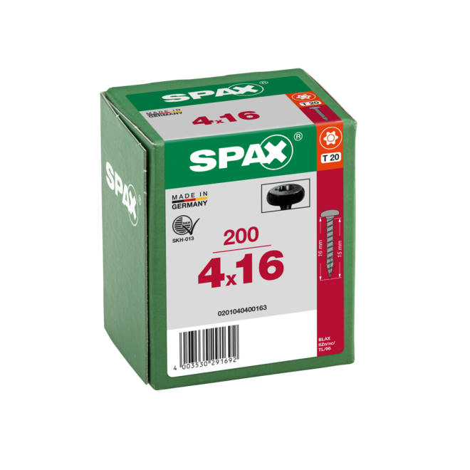 SPAX - Halbrundkopf BLAX (Pan Head St) mit I-Stern schwarz verzinkt Torx 20; 4,0x 16,0 mm Vollgewinde- 200 Stück 