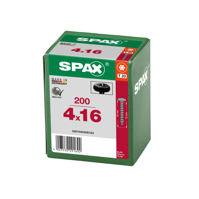SPAX - Halbrundkopf BLAX (Pan Head St) mit I-Stern schwarz verzinkt Torx 20; 4,0x 16,0 mm Vollgewinde- 200 Stück 