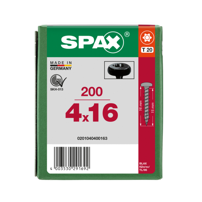 SPAX - Halbrundkopf BLAX (Pan Head St) mit I-Stern schwarz verzinkt Torx 20; 4,0x 16,0 mm Vollgewinde- 200 Stück 