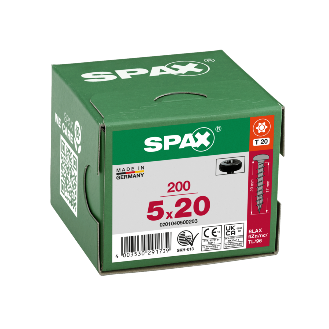 SPAX - Halbrundkopf BLAX (Pan Head St) mit I-Stern schwarz verzinkt Torx 20; 5,0x 20,0 mm Vollgewinde- 200 Stück 