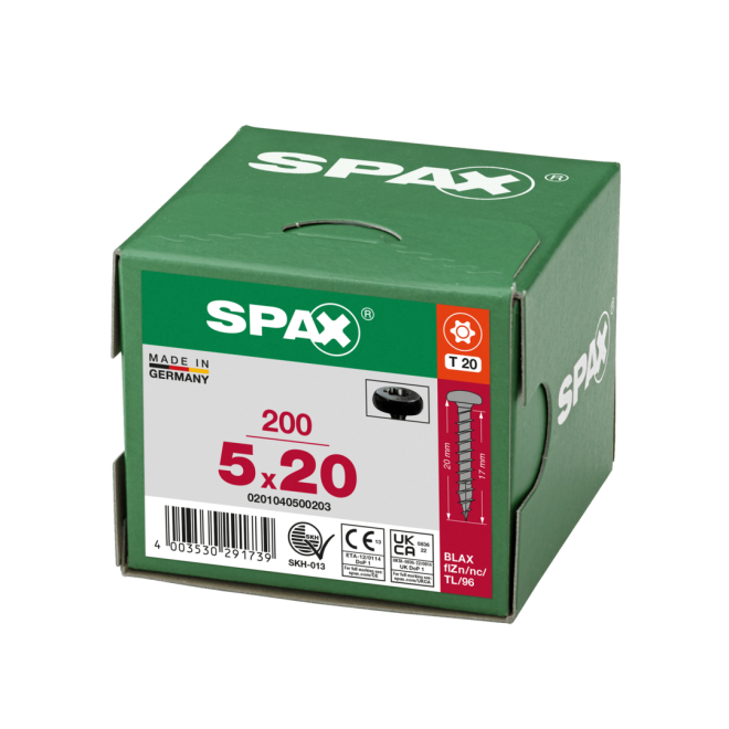 SPAX - Halbrundkopf BLAX (Pan Head St) mit I-Stern schwarz verzinkt Torx 20; 5,0x 20,0 mm Vollgewinde- 200 Stück 