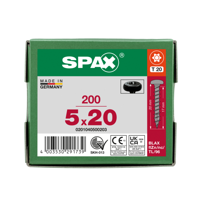 SPAX - Halbrundkopf BLAX (Pan Head St) mit I-Stern schwarz verzinkt Torx 20; 5,0x 20,0 mm Vollgewinde- 200 Stück 