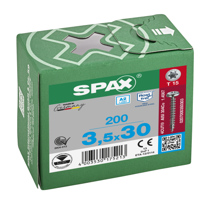 SPAX- T-STAR plus Halbrundkopf VG Torx 15 mit 4CUT A2- 3,5x30-1000 Stück