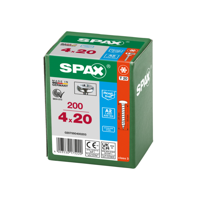 SPAX- T-STAR plus Halbrundkopf VG Torx 20 mit 4CUT A2- 4,0x20-200 Stück