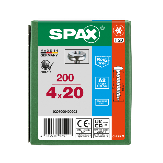 SPAX- T-STAR plus Halbrundkopf VG Torx 20 mit 4CUT A2- 4,0x20-200 Stück