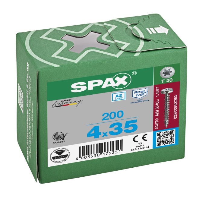 SPAX- T-STAR plus Halbrundkopf VG Torx 20 mit 4CUT A2- 4,0x35-1000 Stück