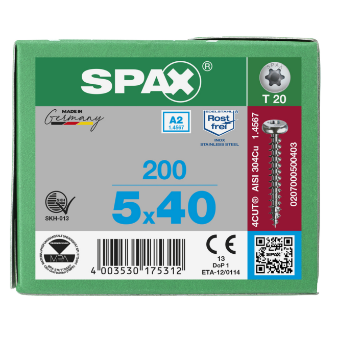 SPAX- T-STAR plus Halbrundkopf VG Torx 20 mit 4CUT A2- 5,0x40-200 Stück