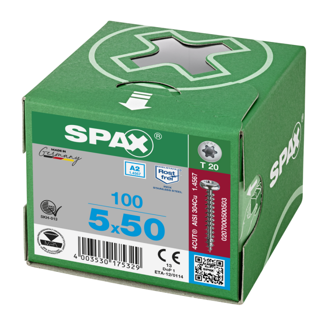 SPAX- T-STAR plus Halbrundkopf VG Torx 20 mit 4CUT A2- 5,0x50-100 Stück