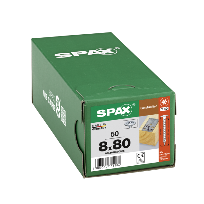  SPAX T-STAR plus - gelb verzinkt/oder WIROX (je nach Verfügbarkeit) Tellerkopf Vollgewinde Torx 40; 8,0x80 - 50 Stück 