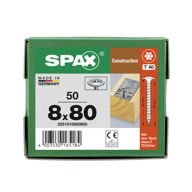  SPAX T-STAR plus - gelb verzinkt/oder WIROX (je nach Verfügbarkeit) Tellerkopf Vollgewinde Torx 40; 8,0x80 - 50 Stück 