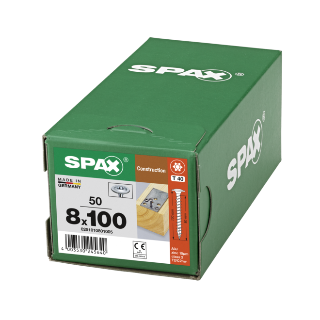  SPAX T-STAR plus - gelb verzinkt/oder WIROX (je nach Verfügbarkeit) Tellerkopf Vollgewinde Torx 40; 8,0x100 - 50 Stück 