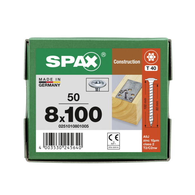  SPAX T-STAR plus - gelb verzinkt/oder WIROX (je nach Verfügbarkeit) Tellerkopf Vollgewinde Torx 40; 8,0x100 - 50 Stück 