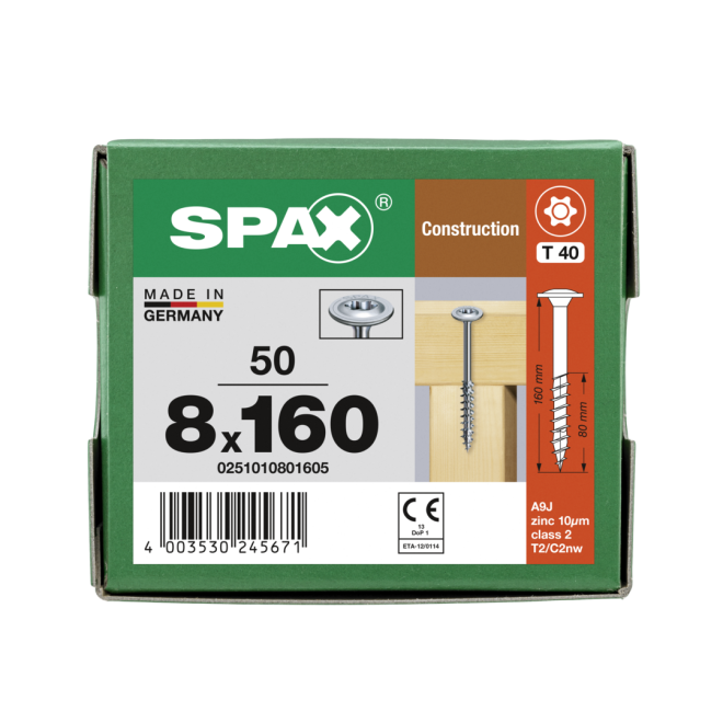  SPAX T-STAR plus - gelb verzinkt/oder WIROX (je nach Verfügbarkeit) Tellerkopf Teilgewinde Torx 40; 8,0x160 - 50 Stück 