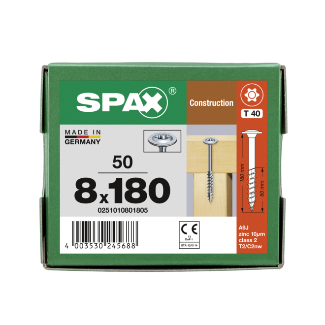  SPAX T-STAR plus - WIROX® Tellerkopf Teilgewinde Torx 40; 8,0x180 - 50 Stück 