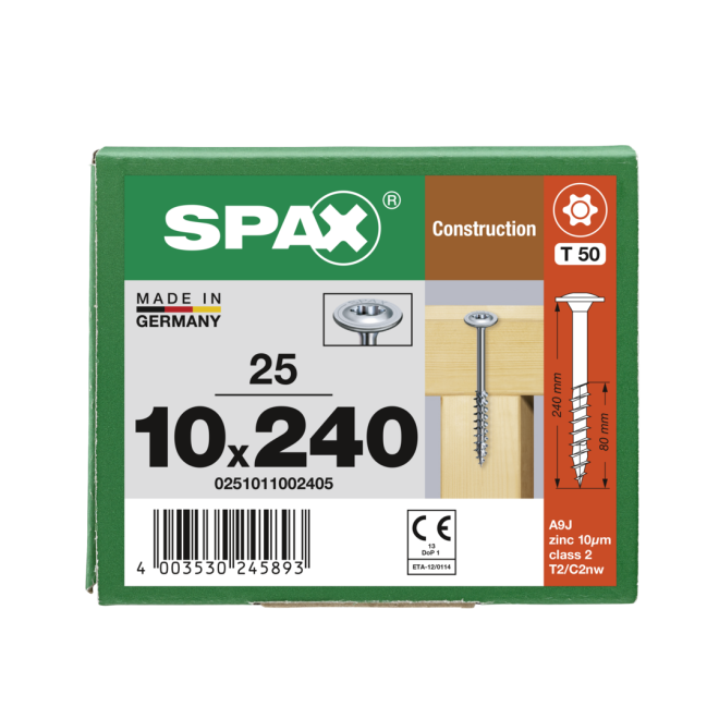  SPAX T-STAR plus - gelb verzinkt/oder WIROX (je nach Verfügbarkeit) Tellerkopf Teilgewinde Torx 50; 10,0x240 - 25 Stück 