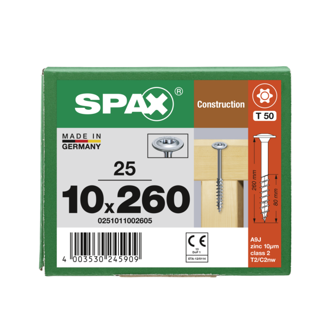  SPAX T-STAR plus - gelb verzinkt/oder WIROX (je nach Verfügbarkeit) Tellerkopf Teilgewinde Torx 50; 10,0x260 - 25 Stück 