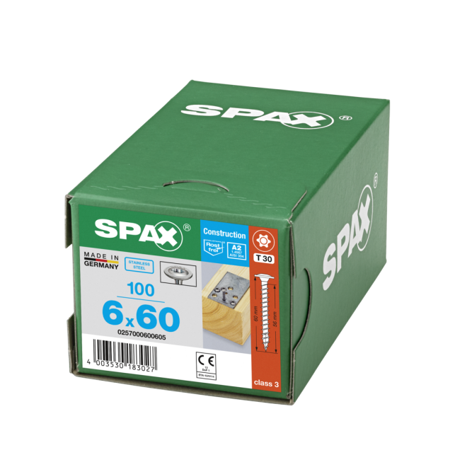 SPAX T-STAR plus Tellerkopf 4CUT Edelstahl A2 Torx 30 Vollgewinde 6,0x60 (Abweichende Ausführung mit Vollgewinde) - 100 Stück