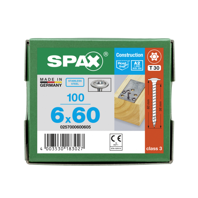 SPAX T-STAR plus Tellerkopf 4CUT Edelstahl A2 Torx 30 Vollgewinde 6,0x60 (Abweichende Ausführung mit Vollgewinde) - 100 Stück
