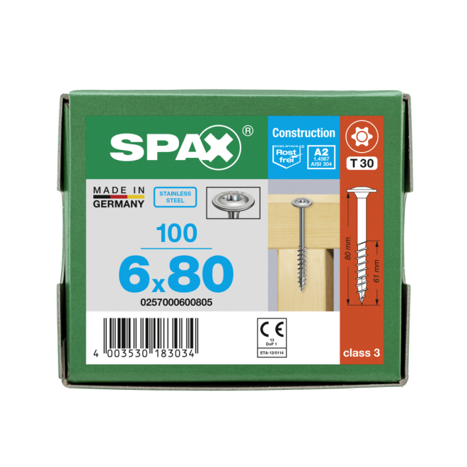 SPAX T-STAR plus Tellerkopf 4CUT Edelstahl A2 Torx 30 Vollgewinde 6,0x80 - 100 Stück