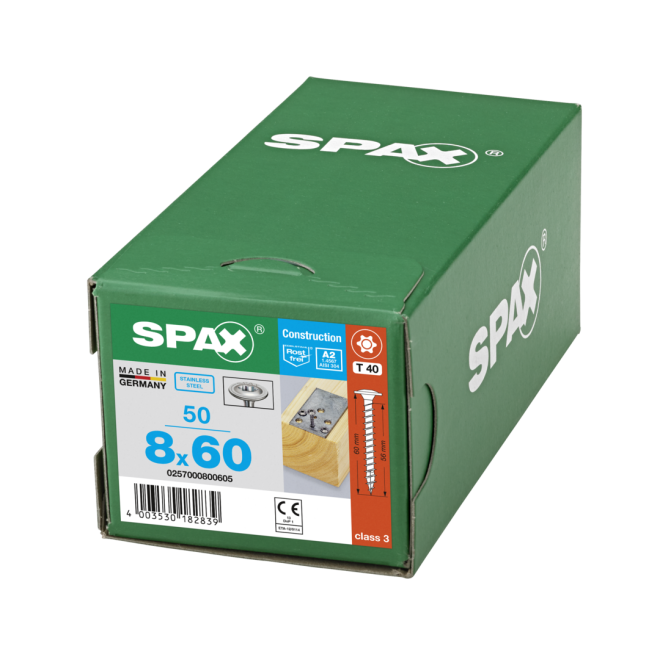 SPAX T-STAR plus Tellerkopf 4CUT Edelstahl A2 Torx 40 Vollgewind 8,0x60 (Abweichende Ausführung mit Vollgewinde) - 250 Stück