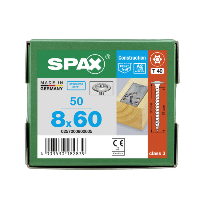 SPAX T-STAR plus Tellerkopf 4CUT Edelstahl A2 Torx 40 Vollgewind 8,0x60 (Abweichende Ausführung mit Vollgewinde) - 250 Stück