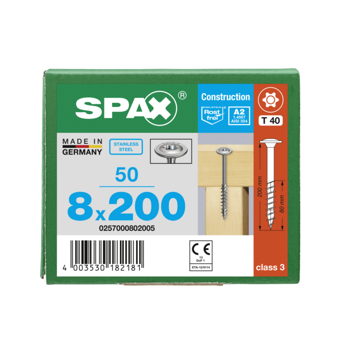 SPAX T-STAR plus Tellerkopf 4CUT Edelstahl A2 Torx 40 Teilgewinde 8,0x200 - 250 Stück
