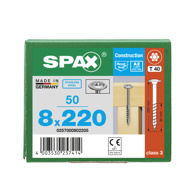 SPAX T-STAR plus Tellerkopf 4CUT Edelstahl A2 Torx 40 Teilgewinde 8,0x220 - 250 Stück