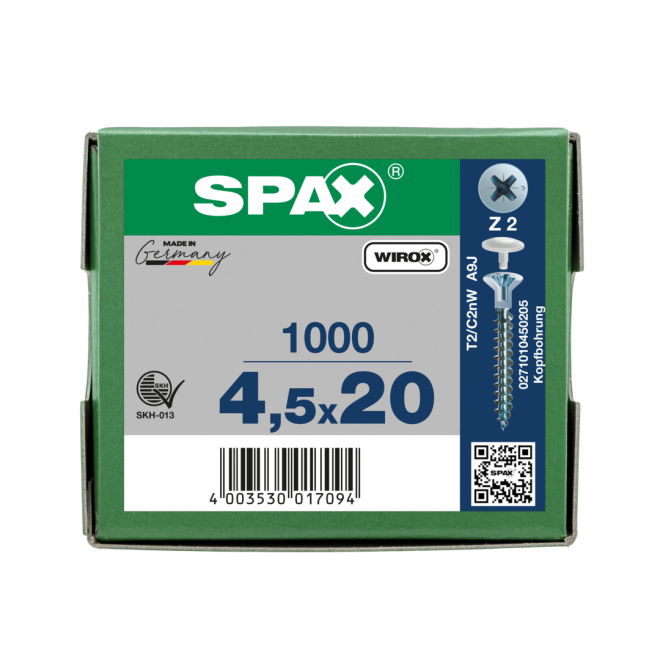 SPAX Senkkopf Kreuzschlitz Z mit Kopfbohrung Ø 2,5mm, VG PZ 2 WIROX® 4,5x20 - 1.000 Stück