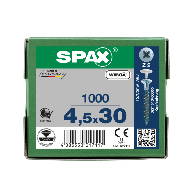 SPAX Senkkopf Kreuzschlitz Z mit Kopfbohrung Ø 2,5mm,VG PZ 2 WIROX® 4,5x30 - 1.000 Stück