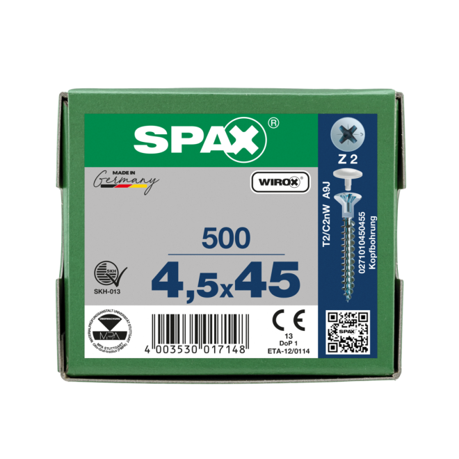 SPAX Senkkopf Kreuzschlitz Z mit Kopfbohrung Ø 2,5mm,VG PZ 2 WIROX® 4,5x45 - 500 Stück