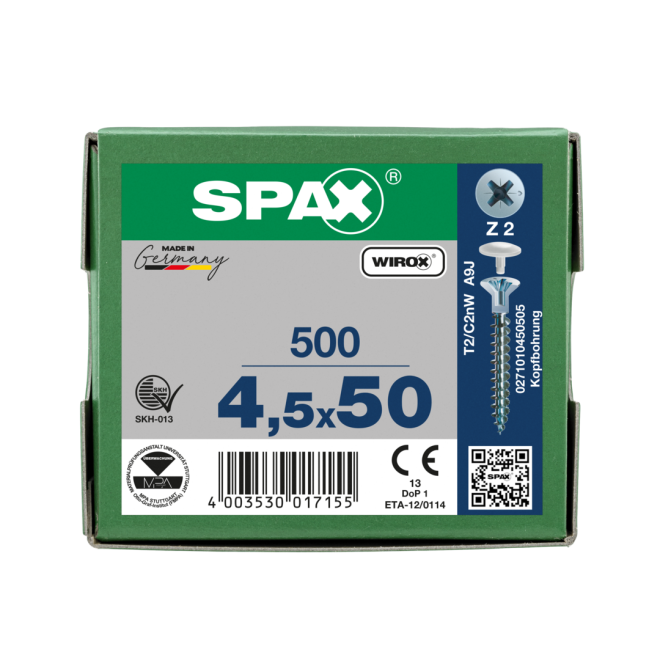 SPAX Senkkopf Kreuzschlitz Z mit Kopfbohrung Ø 2,5mm,VG PZ 2 WIROX® 4,5x50 - 2.500 Stück