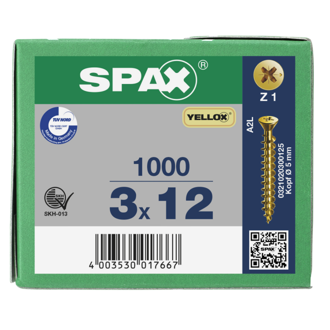 Spax Senkkopf Kreuzschlitz Z mit kleinem Kopf (Ø 5mm) VG YELLOX® - 3,0 x 12 - 1.000 Stück