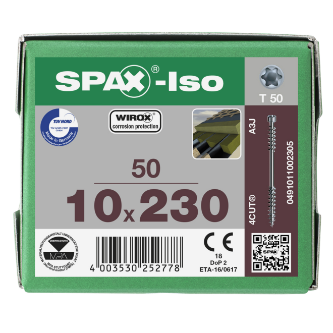 SPAX - ISO mit Zylinderkopf, Fixiergewinde,T-STAR plus, WIROX®; 10,0x230 mm - 50 Stück