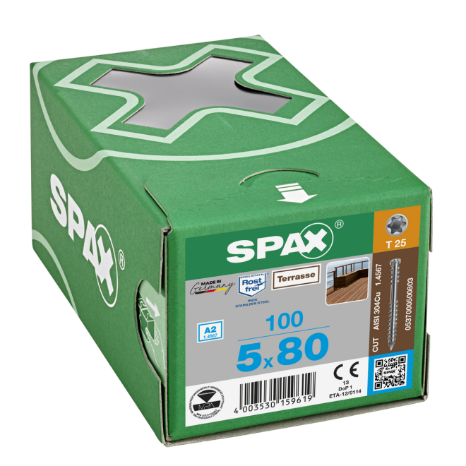 SPAX T-STAR plus Zylinderkopf mit CUT-Spitze und Fixiergewinde Edelstahl A2 Torx 25; 5,0x80 - 100 Stück