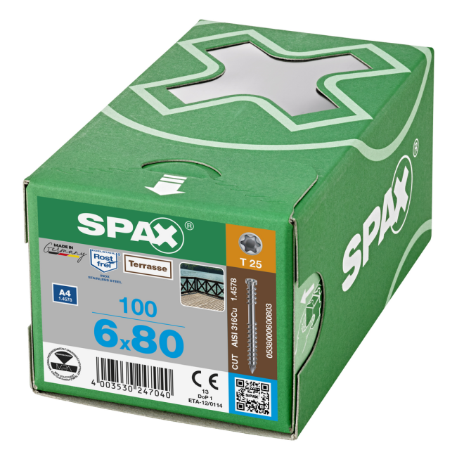 SPAX T-STAR plus Zylinderkopf mit CUT-Spitze und Fixiergewinde Edelstahl A4 Torx 25; 6,0x80 - 100 Stück