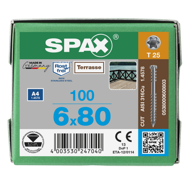 SPAX T-STAR plus Zylinderkopf mit CUT-Spitze und Fixiergewinde Edelstahl A4 Torx 25; 6,0x80 - 100 Stück