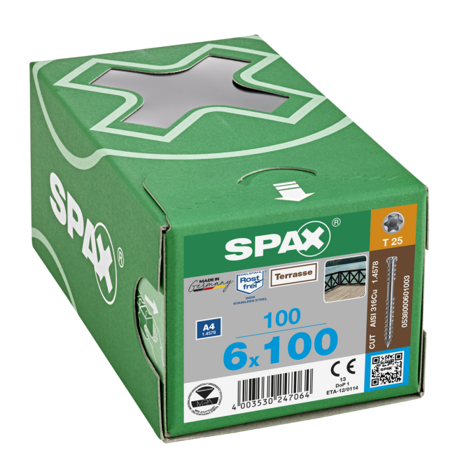 SPAX T-STAR plus Zylinderkopf mit CUT-Spitze und Fixiergewinde Edelstahl A4 Torx 25; 6,0x100 - 100 Stück