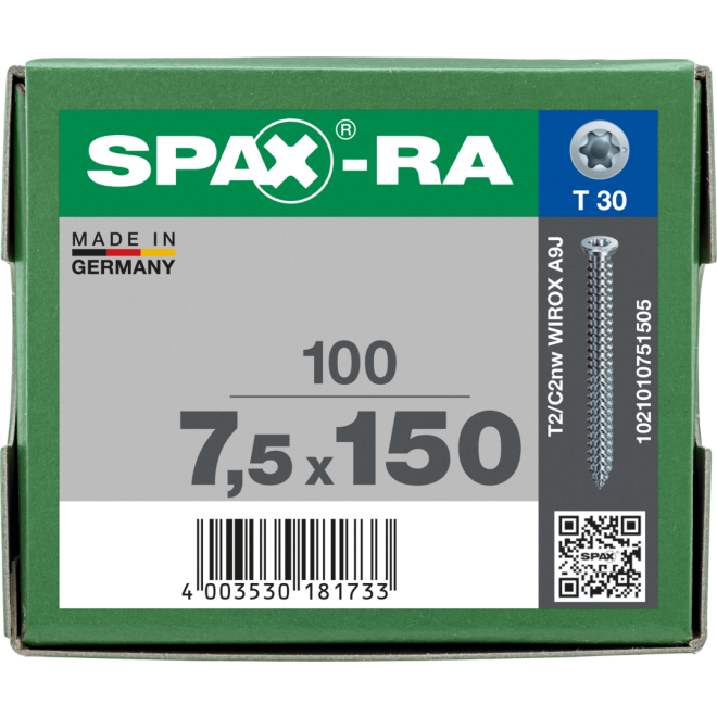 SPAX-RA Rahmenanker Flachsenkkopf T-Star plus WIROX® Torx 30 - 7,5x150 - 100 Stück