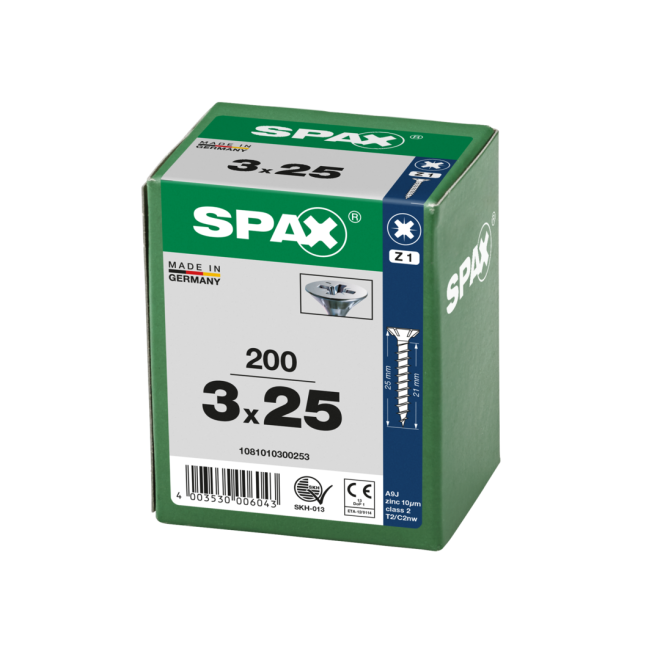 SPAX Universalschrauben Senkkopf, Kreuzschlitz, VG 3x25 WIROX® - Kleinpaket - 200 Stück