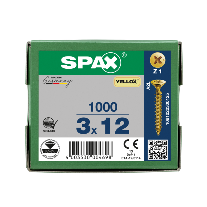 SPAX Universalschrauben Senkkopf, Kreuzschlitz, VG 3x12 YELLOX® - 1000 Stück