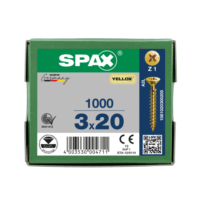 SPAX Universalschrauben Senkkopf, Kreuzschlitz, VG 3x20 YELLOX® - 1000 Stück