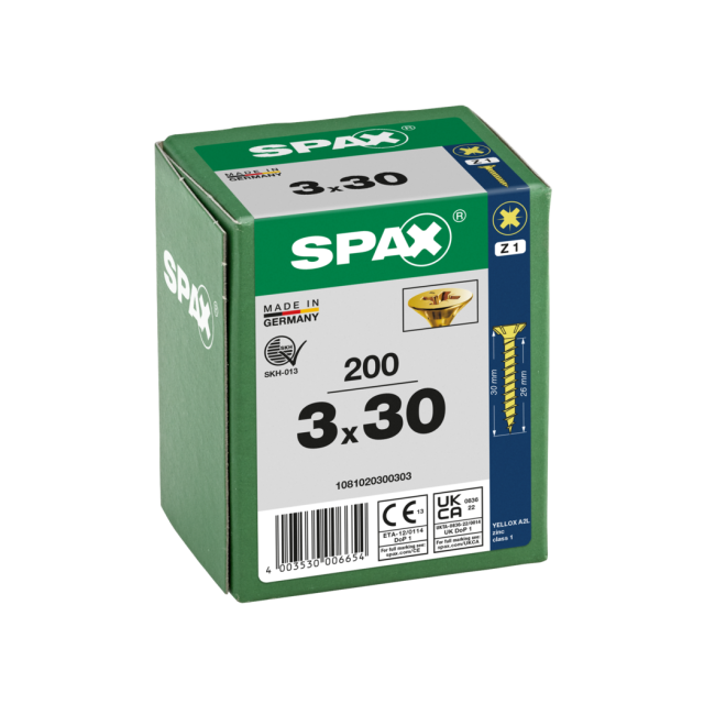 SPAX Universalschrauben Senkkopf, Kreuzschlitz, VG 3x30 YELLOX® - Kleinpaket - 200 Stück