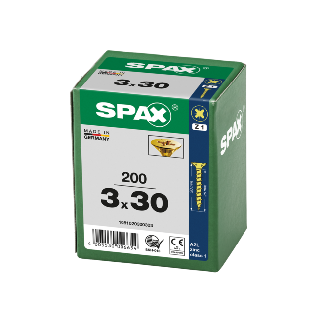 SPAX Universalschrauben Senkkopf, Kreuzschlitz, VG 3x30 YELLOX® - Kleinpaket - 200 Stück