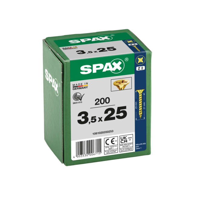 SPAX Universalschrauben Senkkopf, Kreuzschlitz, VG 3,5x25 YELLOX®- Kleinpaket - 200 Stück