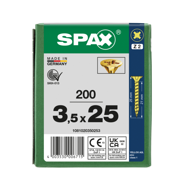 SPAX Universalschrauben Senkkopf, Kreuzschlitz, VG 3,5x25 YELLOX®- Kleinpaket - 200 Stück