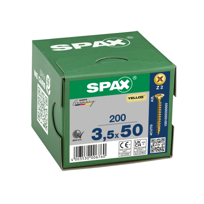 SPAX Universalschrauben Senkkopf, Kreuzschlitz, VG (Abweichende Ausführung. Gewinde geht nicht bis zum Kopf.) 3,5x50 YELLOX® - Kleinpaket - 200 Stück