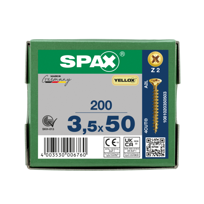 SPAX Universalschrauben Senkkopf, Kreuzschlitz, VG (Abweichende Ausführung. Gewinde geht nicht bis zum Kopf.) 3,5x50 YELLOX® - Kleinpaket - 200 Stück